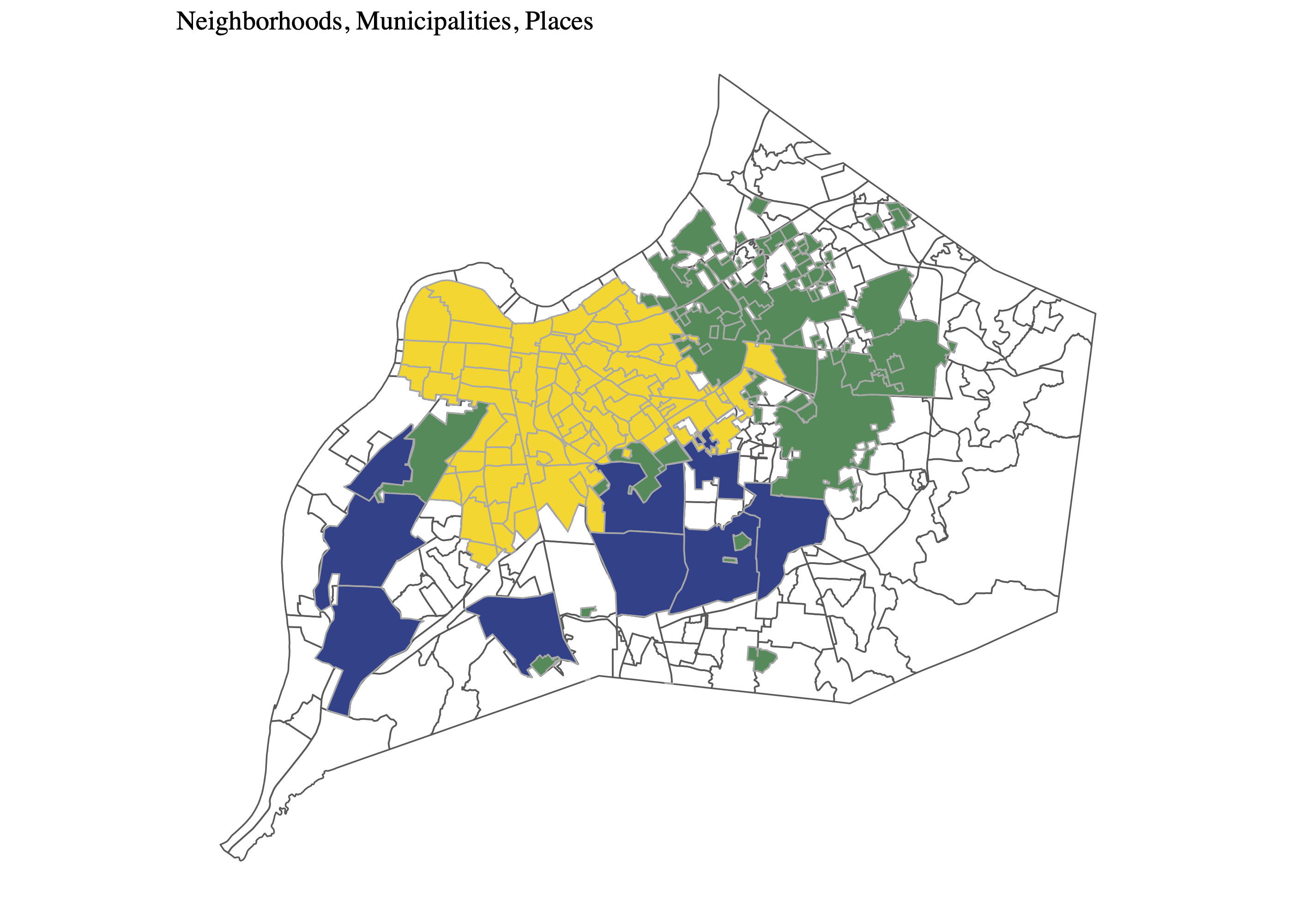 Figure 5: Neighborhoods used for redistricting simulations. Neighborhoods(yellow), Municipalities(green), and Places(blue).