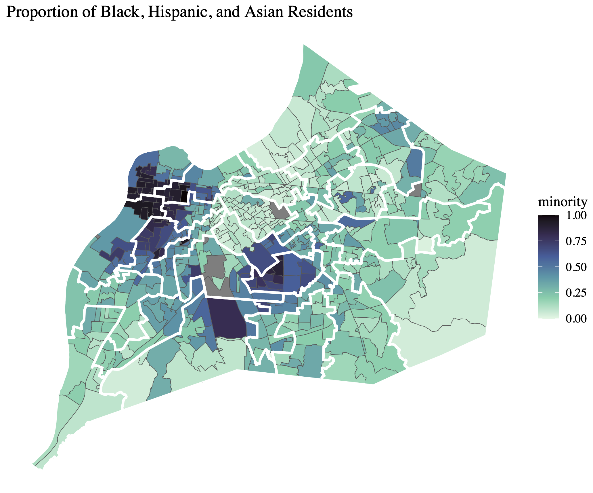 Figure 1: This map shows the proportion of Black, Hispanic, and Asian residents within each precinct in Louisville. Darker shades of blue indicate a higher proportion of minorities, including Black, Hispanic, and Asian populations, living in the precinct compared to White population. The thinner black lines represent precinct boundaries, while the thicker white lines represent current district boundaries.