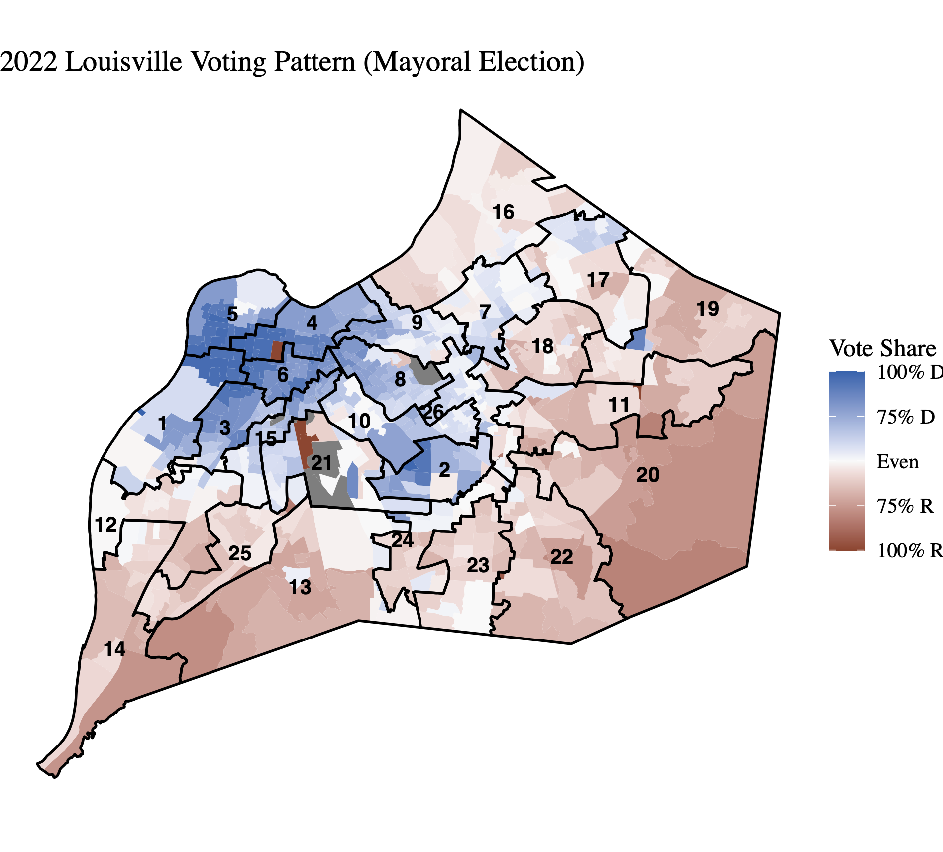 Figure 2: This map shows precinct-level voting shares in Louisville (2022 Mayoral Election). A darker shade indicates a larger number of voters supporting either of the parties within the precinct. The black lines represent the current district boundaries, each marked with its corresponding district number.